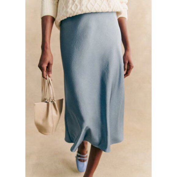 Sezane Sandy Midi Skirt Womens Size 36 US 4 Ice Blue Satin Minimalist Parisian - Picture 10 of 11